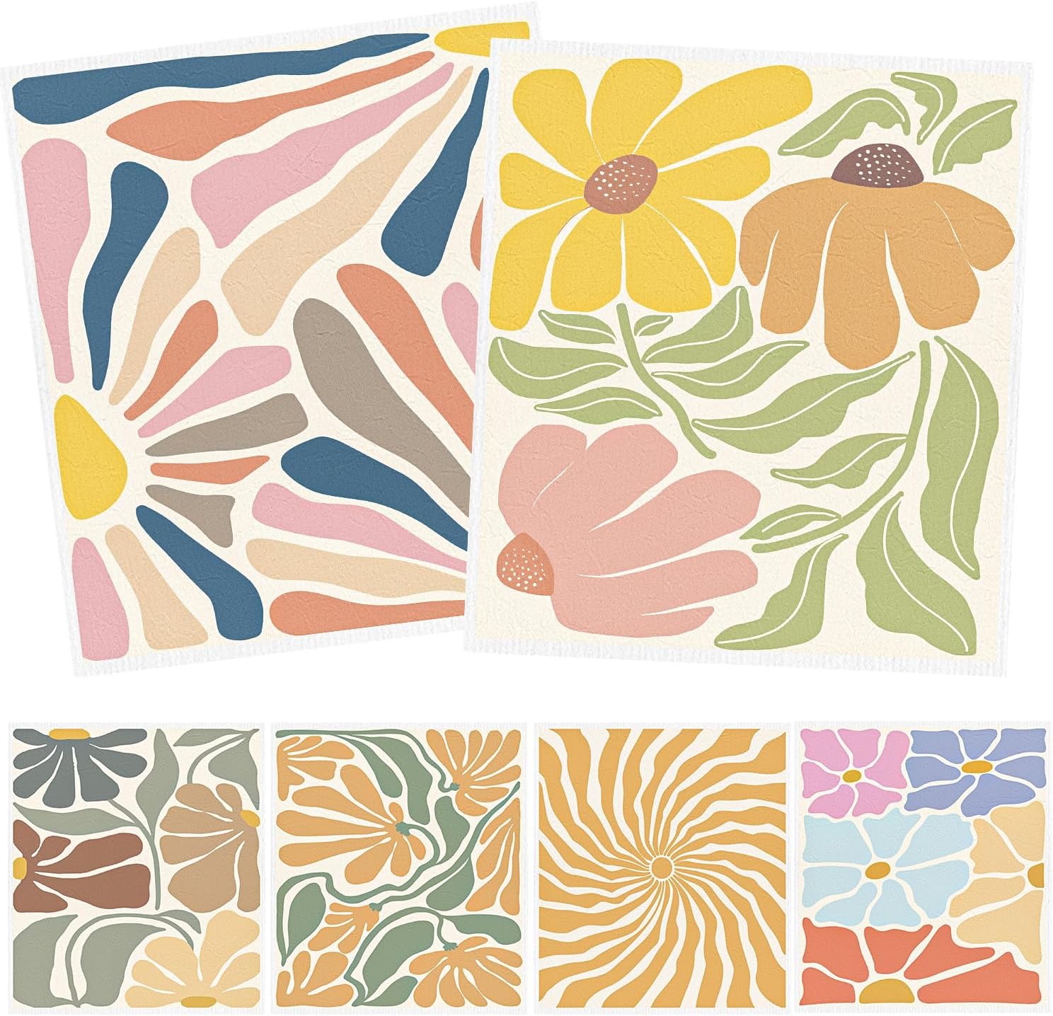 Boho Floral Swedish Dishcloths for Kitchen, 6PCS Retro Groovy Swedish Dish Cloths Gift Set, Reusable Absorbent Cellulose Sponge Dish Towel for Home Cleaning(7.8 X 7 Inches)