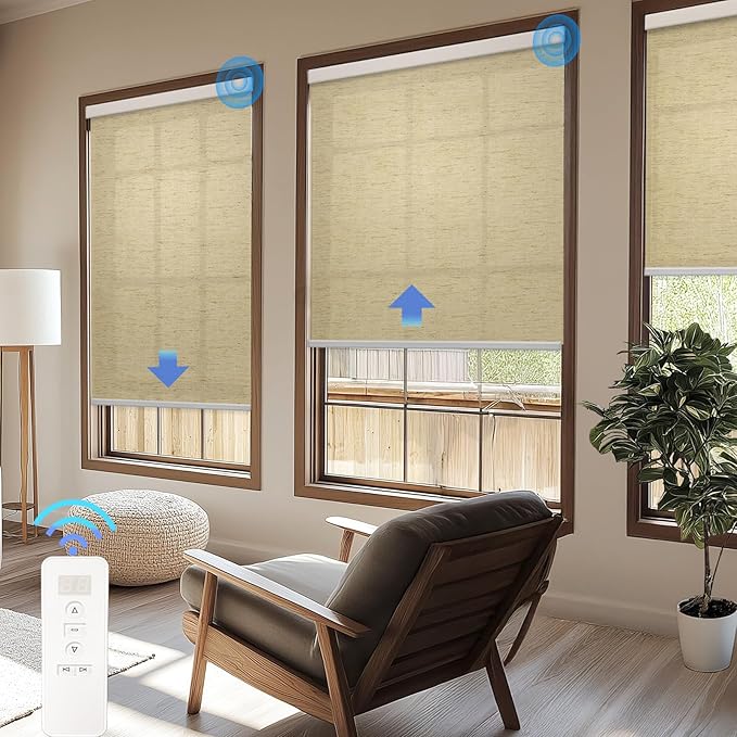 Motorized Blinds with Remote Cordless Automatic Motorized Shades Custom Blinds for Windows Smart Curtains Compatible with Alexa Google Home(Light Filtering Linen Soft Dunes,W28 x H72in)