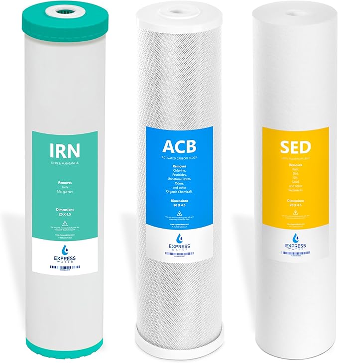 Express Water Whole House Iron & Manganese Water Filter Set – 3 Stage Water Filtration Replacement Kit – Sediment, Carbon Block, Iron & Manganese Reducing Filters – 5 Micron Water Filter 4.5 x 20 inch