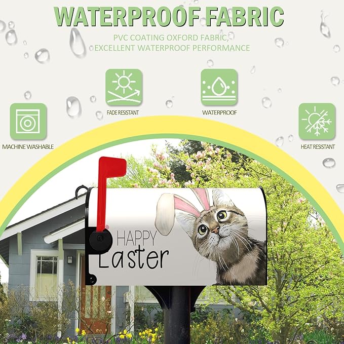 Happy Easter Mailbox Covers Magnetic Large Size 25.5 x 21 Inch Easter Cat with Bunny Ears Mailbox Cover Oversized Post Box Wraps Decorations for Spring Garden Yard