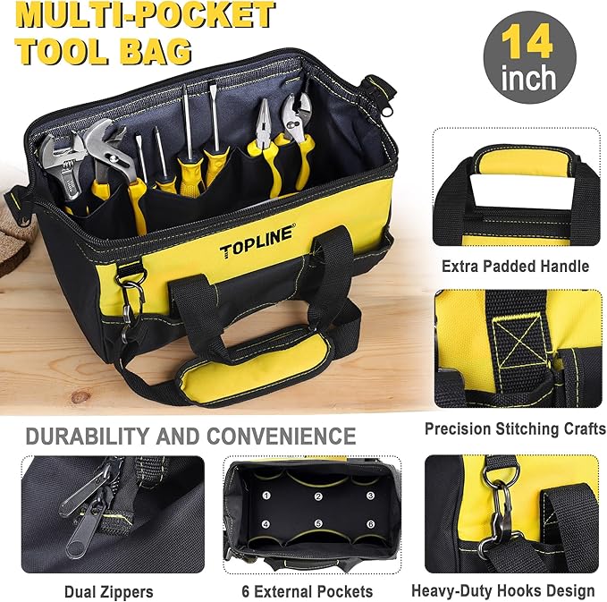 TOPLINE 390-Piece Hand Tool Kits for Home, 14-Inch Wide Mouth Tool Bag with Tools Included, Home Tool Set for Men, General Maintenance, Daily Use