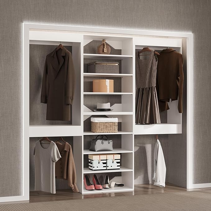 Modular Closet System, 84" Wide Closet Organizer System with Hanging and Towers, Wood Tower Closet Storage for Walk In Closets, Wall Mounted Wardrobe Organizer Kit System, Bedroom, White