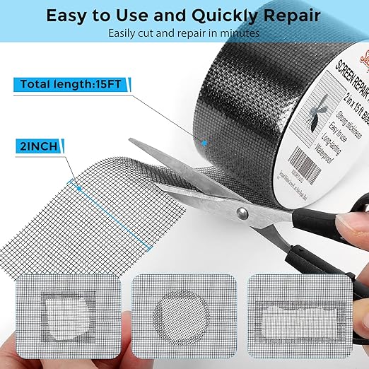 Black Window Screen Repair Tape, 2 in X 15 FT (180IN) Screen Repair Kit for Windows or Doors, Strong Adhesive Screen Patch Fiberglass Screen Tape Mesh Repair