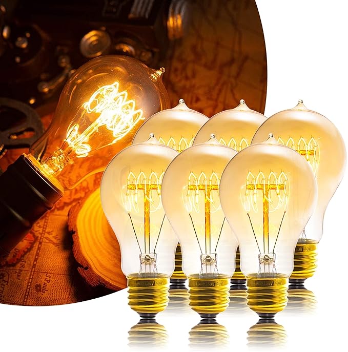 Edison Bulb, A19 Bulbs 6 Pack, Retro Style Incandescent Light Bulbs,Dimmable 120V 40W Antique Vintage Light Bulb, 240 Lmens E26 Base, Amber 2200K Warm White Light, for Home Office Desk Lamp