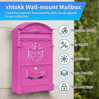 Wall Mount Mailboxes, Rust Resistant Locking Vintage Mailbox for House, Galvanized Steel Outside mailboxes with Key Locks, Barbie Pink