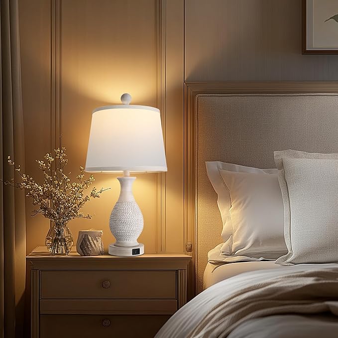 PARTPHONER Traditional Table Lamps Set of 2, Bedside Touch Lamp with USB C+A Charging Ports, Rustic Farmhouse Table Lamps for Living Room Bedroom, Side Table Lamp with White Fabric Shade, Antique Grey