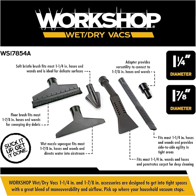 WORKSHOP Wet/Dry Vacs Vacuum Accessories WS17854A Homeowner DIY Kit for Wet Dry Vacuum Cleaners, 1-1/4-inch and 1-7/8-inch Shop Vacuum Attachments with 1-7/8-inch Hose Adapter, for General Cleaning
