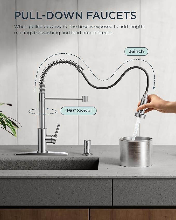 FORIOUS Kitchen Faucets, Chrome Kitchen Sink Faucet with Pull Down Sprayer, Commercial Kitchen Faucet Stainless Steel, Classic Single Handle Pull Out Sink Faucets for Farmhouse RV Laundry Utility Room