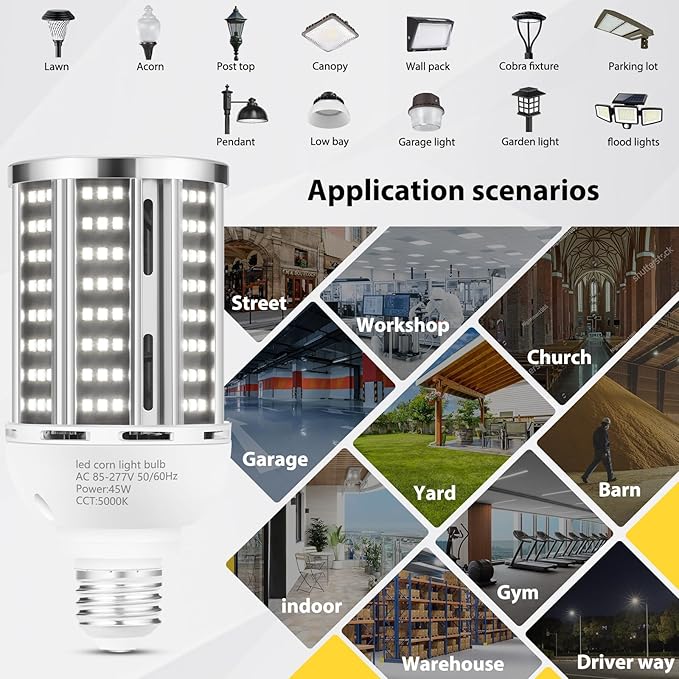 45W 6 pack LED Corn Light Bulb,400W Equivalent 5000K Commercial Grade Daylight E26/E39 6000LM Medium Mogul Base LED Lamp,Large Area Lights For Outdoor Indoor Garage Warehouse street Factory Bay Light