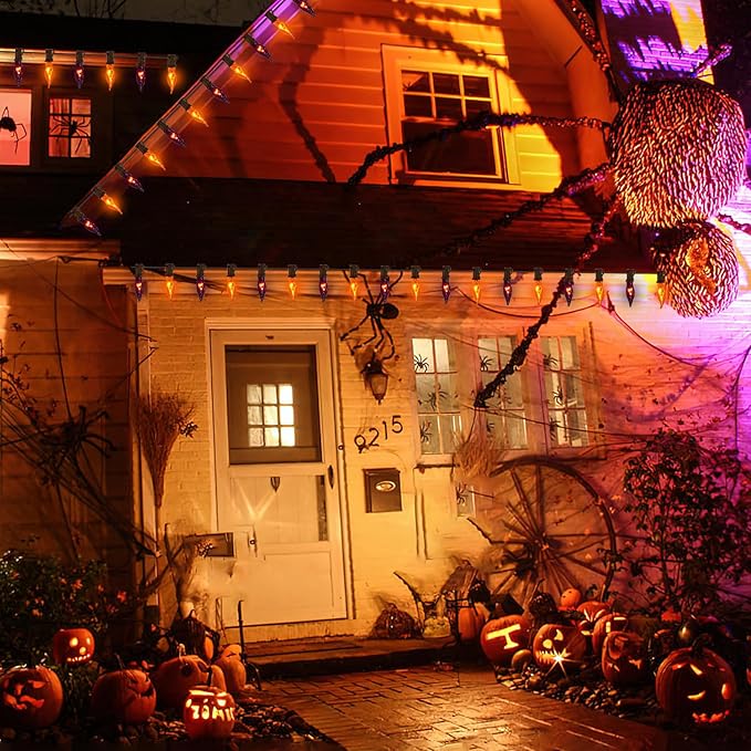 27.78 FT Halloween Ligths, C7 Clear Orange and Purple Flickering Flame String Lights Outdoor, E12 Screw Base, Flame String Lights for Fall Decor Halloween Decorations Outdoor Indoor Home Patio Party