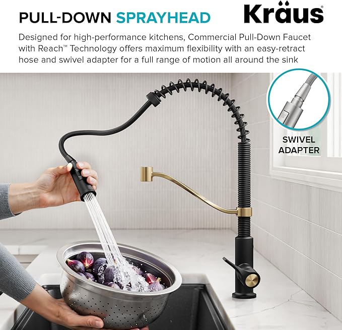 KRAUS Torak Pull Down Kitchen Faucet in Spot-Free Brushed Brass/Matte Black with Commercial Style Spring Spout, 2 Function Sprayer, Pre-Attached Water Lines, and Mounting Hardware, KPF-2635SFBBMB
