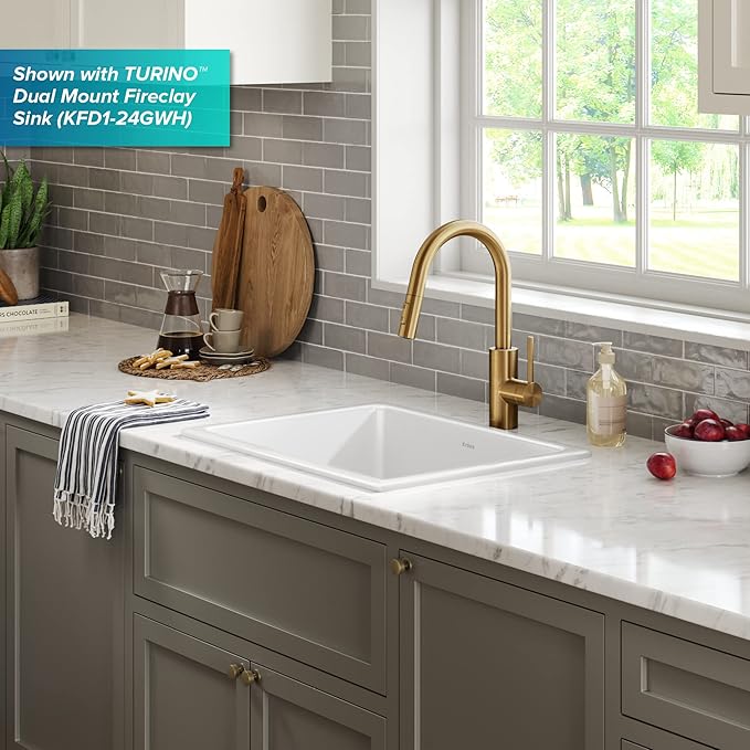 KRAUS Oletto Single Handle Pull Down Kitchen Faucet with QuickDock Top Mount Installation Assembly in Spot-Free Brushed Brass, KPF-2620BB