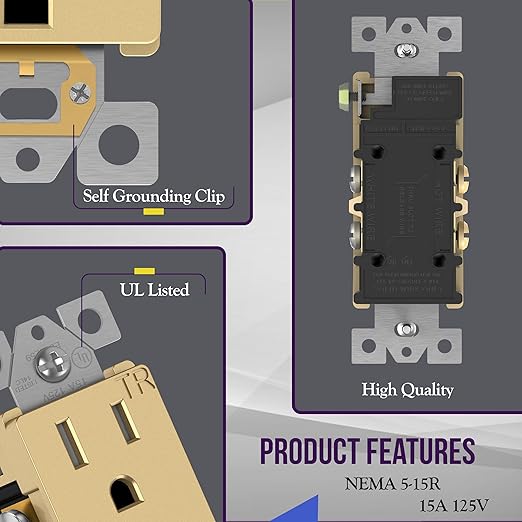 ENERLITES Elite Series Decorator Receptacle Outlet Child Safe Tamper-Resistant, Self-Grounding, Residential Grade, 15A 125V, UL Listed, Wall Plate Included, 61501-TR-GDWP, Gold