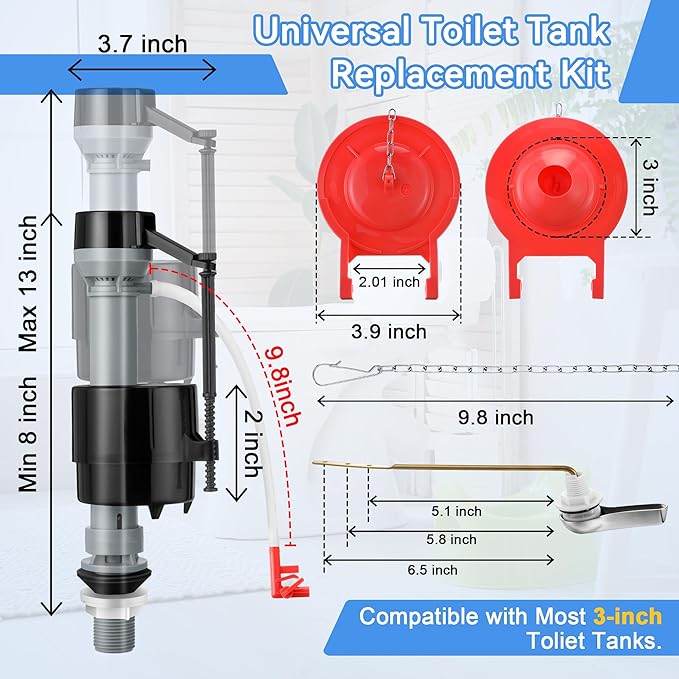 Saillong 3 Inch Universal Toilet Tank Replacement Kit, Toilet Flusher Fill Valve with Low Flow Flapper Repair Kit, Side Mount Flush Brass Handle, Adjustable Water Level, Easy to Install(Red)