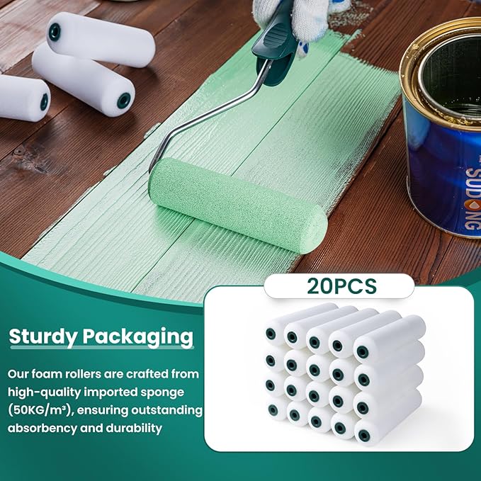 Foam Paint Roller, 20 Pack, 6 Inch Mini Paint Roller Covers, High Density Foam Paint Roller, Small Paint Rollers for All Flat Surfaces, Suitable for Wall，Kitchen Cabinets, Doors, Tables