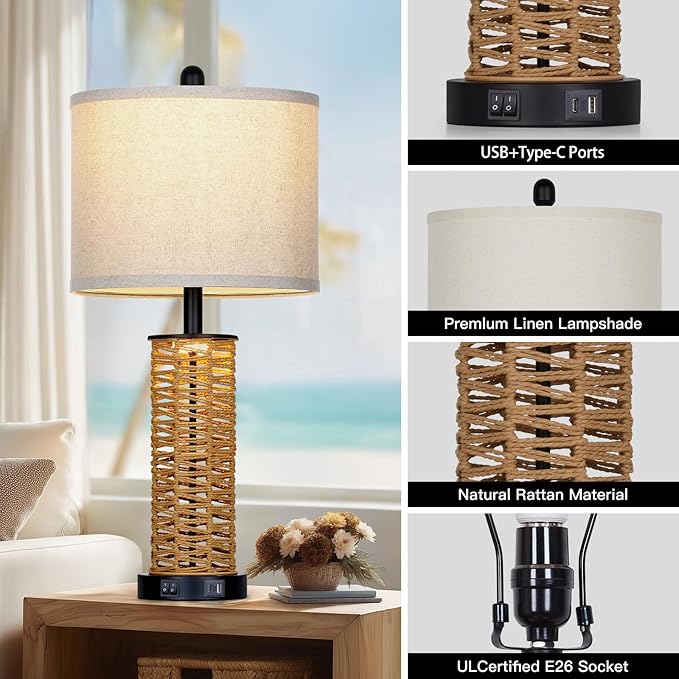 27" Boho Rattan Table Lamps Set of 2, Coastal Bedside Lamp with Night Light, Woven Wicker Bedroom Nightstand Lamps with USB A+C Charging Port, Tall Farmhouse Lamp for Living Room End Table