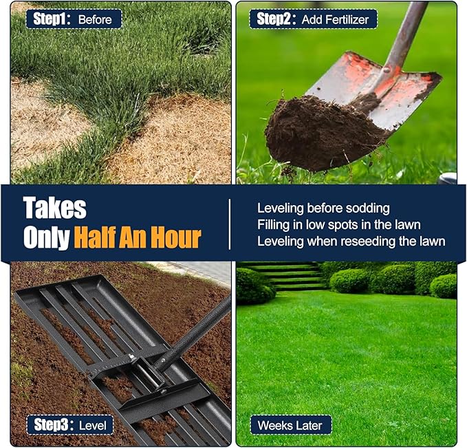 Extra Wide 30" Leveling Rake for Lawn Care - 60in Extendable Stainless Steel Handle with Ergonomic Grip | Professional Grass Leveling Tool for Golf Courses, Soccer Fields, Backyard Turf Maintenance