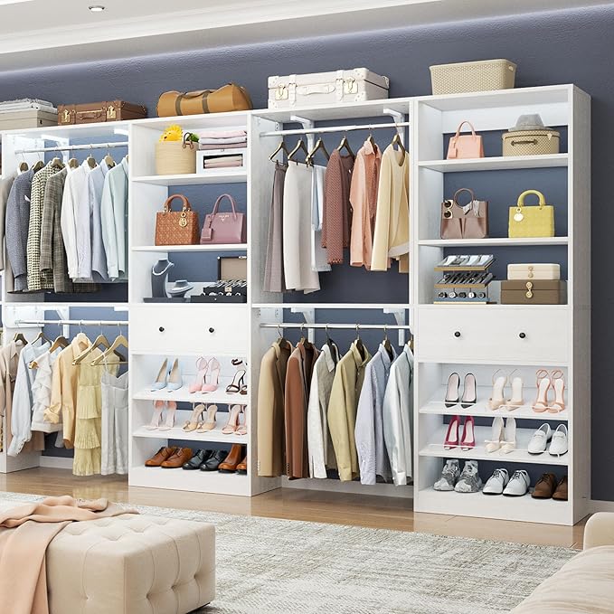 [10 FT Closet System] Reversible Set of 2 Wood Closet Organizer System with 2 Drawers, 4 Hanging Rods Adjustable Shelf, Walk In Closet Organizers with Shoe Rack, Garment Rack Clothes Rack, White