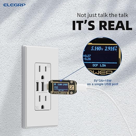 ELEGRP USB Outlets Receptacles, 3-Port Wall Outlet, 30W 6.0A Electrical Outlet, 15 Amp Tamper-Resistant Outlet with Type C Ports, UL Listed, Screwless Wall Plate Included, 10 Pack, Matte White