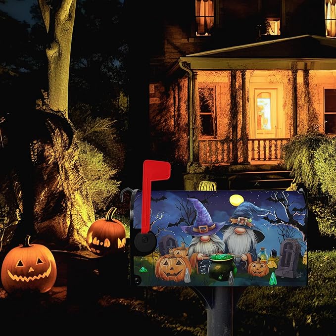 Halloween Gnome Pumpkins Magnetic Mailbox Covers Large Size 25.5x21 Inches Halloween Moon Night Mailbox Wraps Letterbox Covers Garden Yard Home Decor for Outdoor