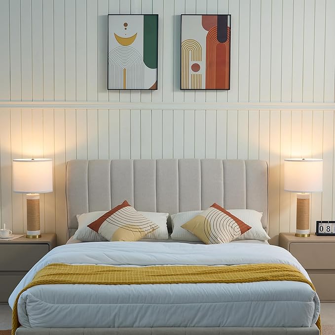 25.75” Rattan Ceramic Lamps for Living Room Set of 2, Farmhouse Table Lamp for Nightstand, White Lamps Set of 2 for Bedroom, Boho Ceramic Table Lamp for End Table