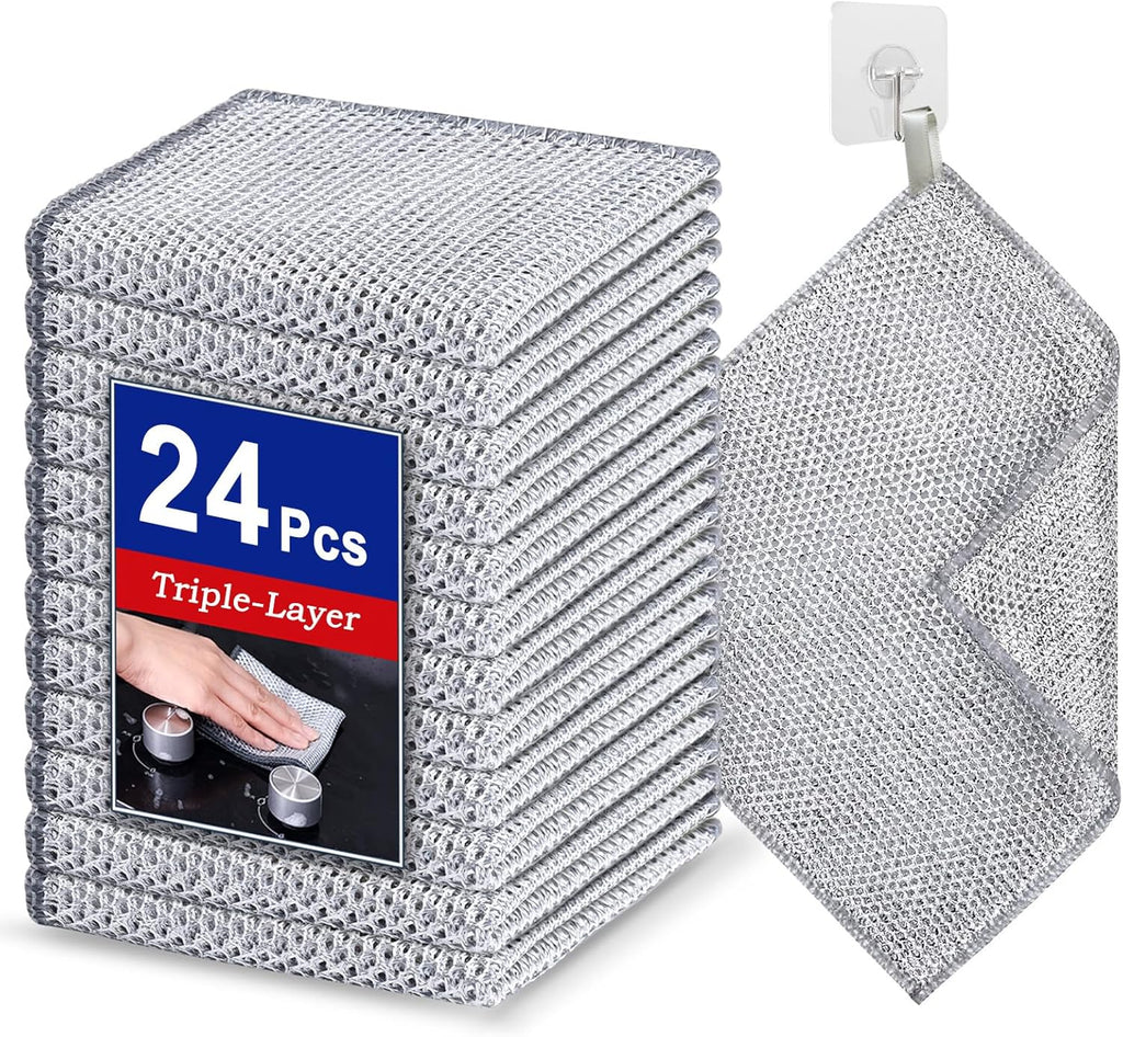 24PCS 3-Layer Non-Scratch Multipurpose Steel Wire Dishcloths - Reusable Quick-Dry Odor-Free Scrub Cloths for Dishes, Kitchen Cleaning Cloths for Cookware, Sinks, Stove Tops(7.87X7.87)