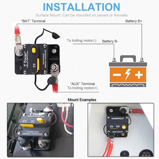 E9 50 Amp Circuit Breaker with Manual Reset | Waterproof IP67 Protection | UL Certified | 12V - 72V DC 50A Swithable