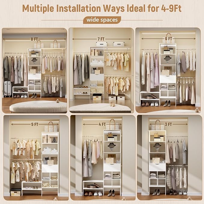 Wood Closet Organizer System, Closet Organizer with 3 Hanging Rods & 1 Wooden Drawer – Adjustable Closet System for Walk-In Closets, Wood Shelves, Fits Spaces 3-8ft, Pure White