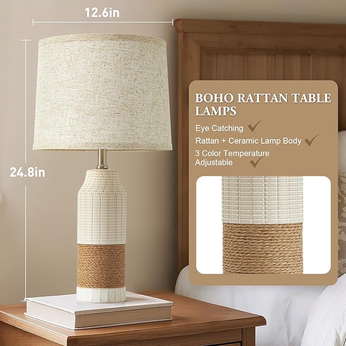 GyroVu Boho Rattan Table Lamps Set of 2, 3 Color Temperature Bedside Table Lamps for Night Stands, Vintage Farmhouse Rattan Table Lamp Antique for Decoration, Bedroom, Living Room, Bedside Table