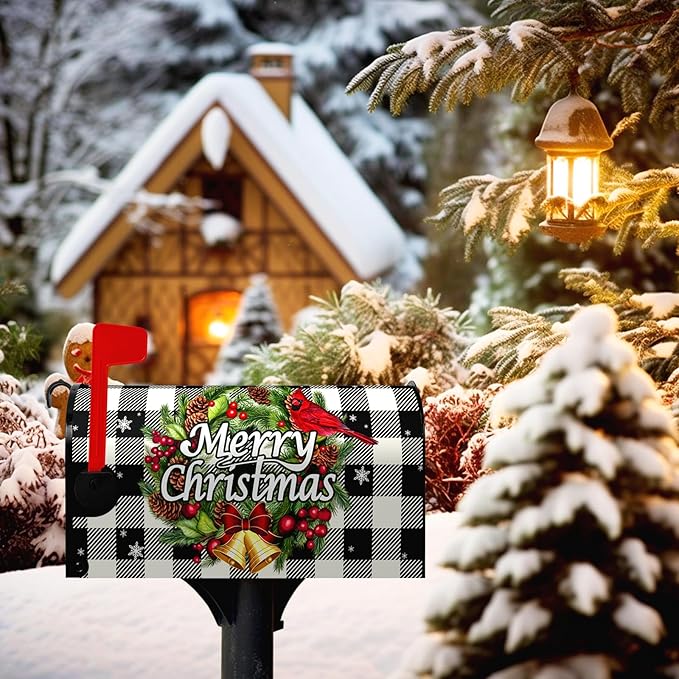 Merry Christmas Mailbox Covers Magnetic Standard Size Winter Buffalo Plaid Mailbox Post Cover Xmas Snowflake Mailbox Wraps Holiday Mailbox Decor Waterproof 21 X18 Inch