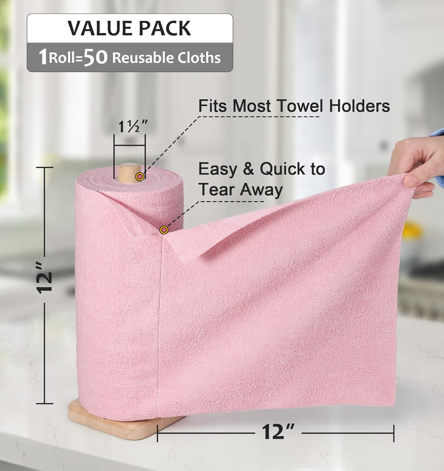 UPSTAR Microfiber Cleaning Cloth, Reusable Paper Towels Rolls, Dish Rags for Washing Dishes, Kitchen, Bathroom, Car, 12x12 inch, 50 Packs/Roll, Pink