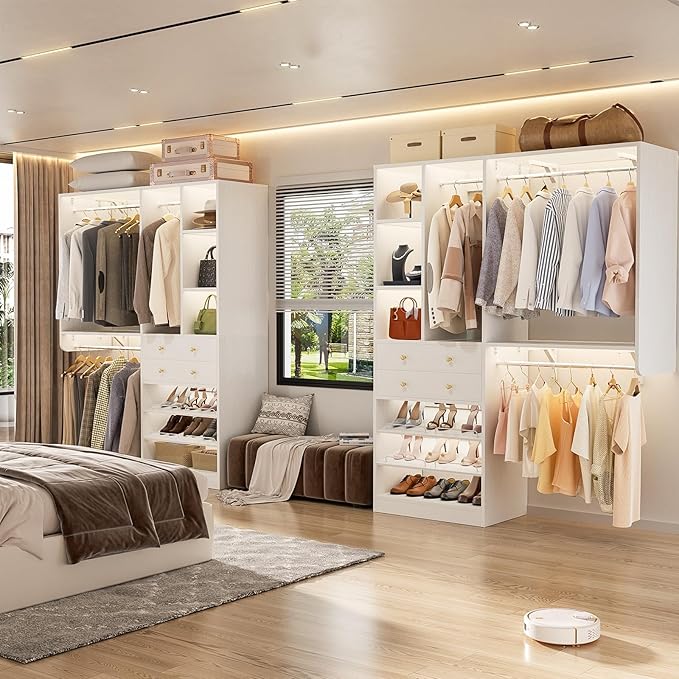10FT Closet System with 4 Drawers, 120" Closet Organizer System with 6 Hanging Robs & Reversible Hanging Shelving, Closet Systems for Walk-in Closets, Load 2000+LBS, White 2 Pack