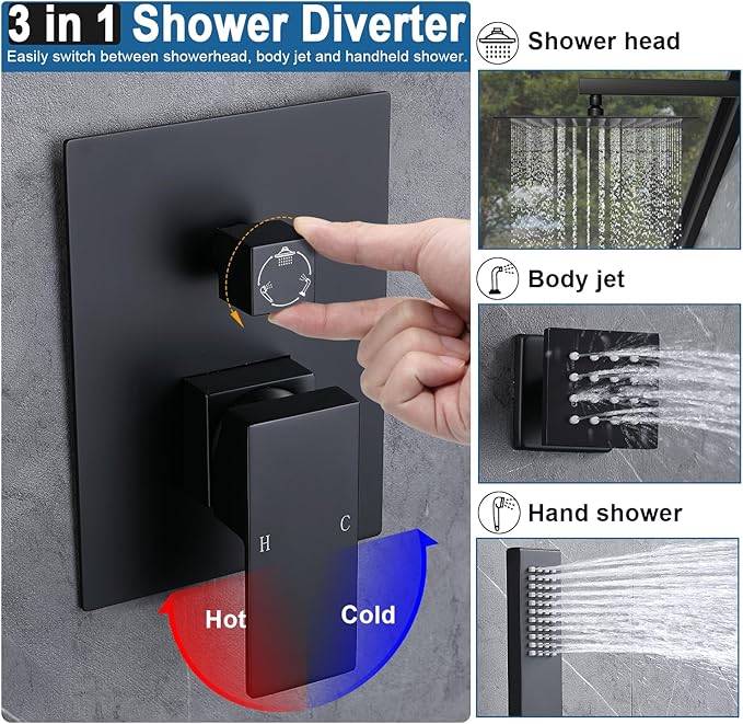 Enga Full Body Shower System with Body Jets, 12 Inch Powerful Rainfall Shower and Handheld Spray, Rough-in Mixer Valve Concealed Shower Faucet Set Complete, Matte Black