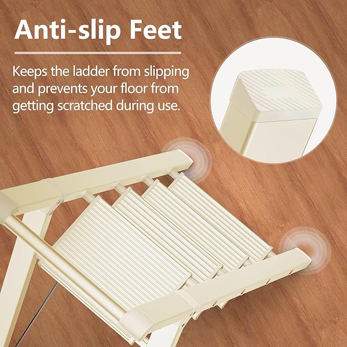 GameGem 4 Step Ladder Folding Step Stool Stepladders with Anti-Slip and Wide Pedal for Home and Kitchen Use Space Saving (White)