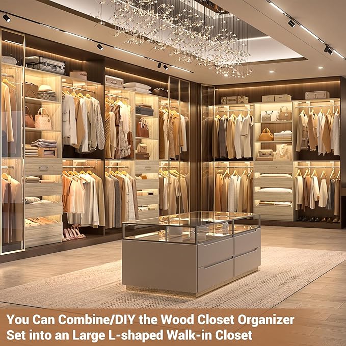 Aheaplus Closet System with Drawers, Wood Closet Organizer System with 4 Hanging Rods & Top Shelves, Walk-in Closets Organizer Wardrobe Clothes Rack, Cut Fits Spaces 4-9FT. Wide, White Oak