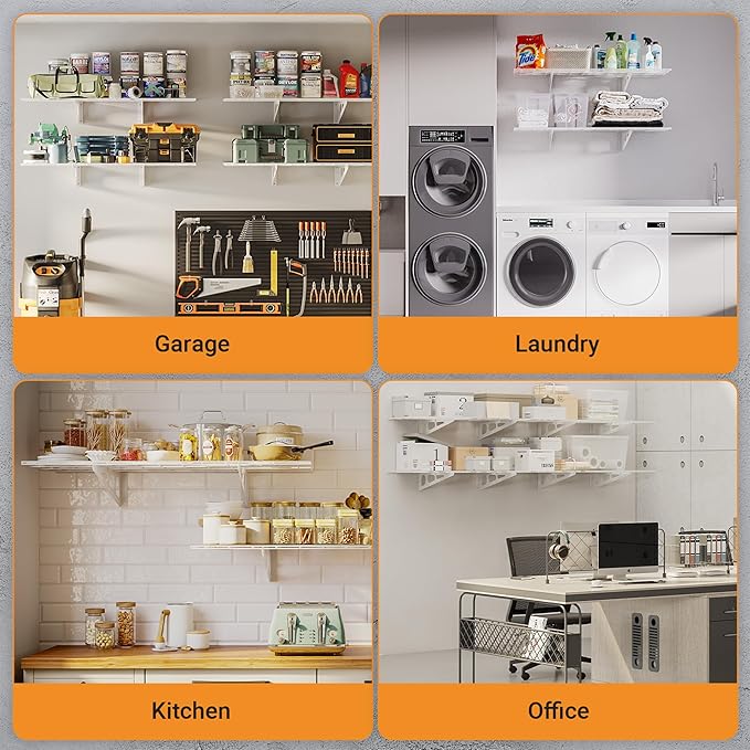 2x4 ft Garage Shelving, 2-Pack Wall-Mounted Shelves for Garage, Kitchen, Pantry Storage, 400 lbs Total Load Capacity Wall Shelving, White