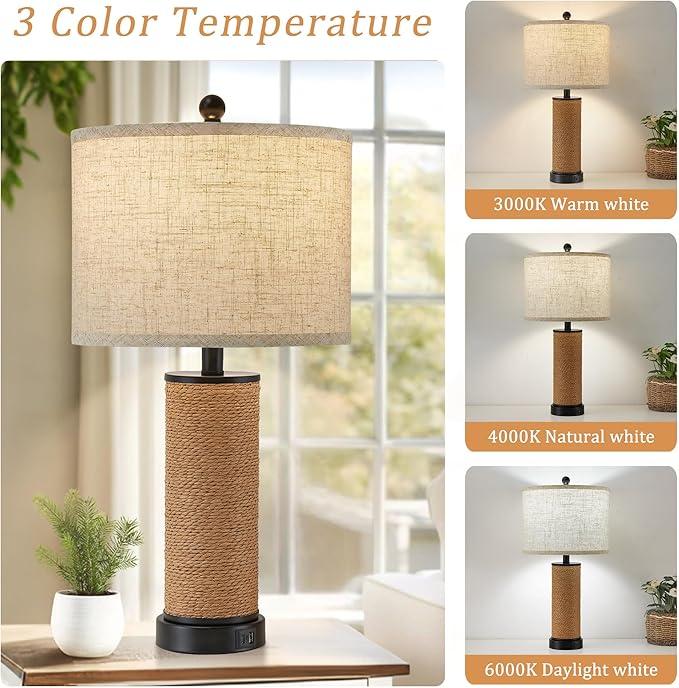 Set of 2 Rattan Table Lamps for Living Room with USB C+A Ports, 3 Color Temperature Nightstand Bedside Lamp Rocker Switch Coastal Lamps for Bedroom, Wicker Lamps for Living room (2 Bulbs Included)
