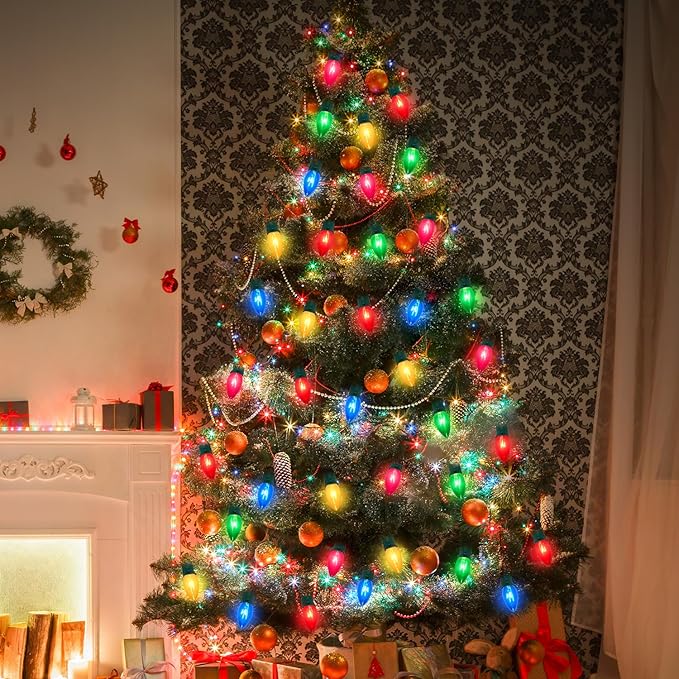 25 Pack C9 Replacement Bulbs Clear Multicolor Christmas Lights, C9 Colorful Light Bulb (Red, Blue, Green, Yellow, Pink) for Hanging Vintage Christmas Lights Outdoor, 7W, 120V