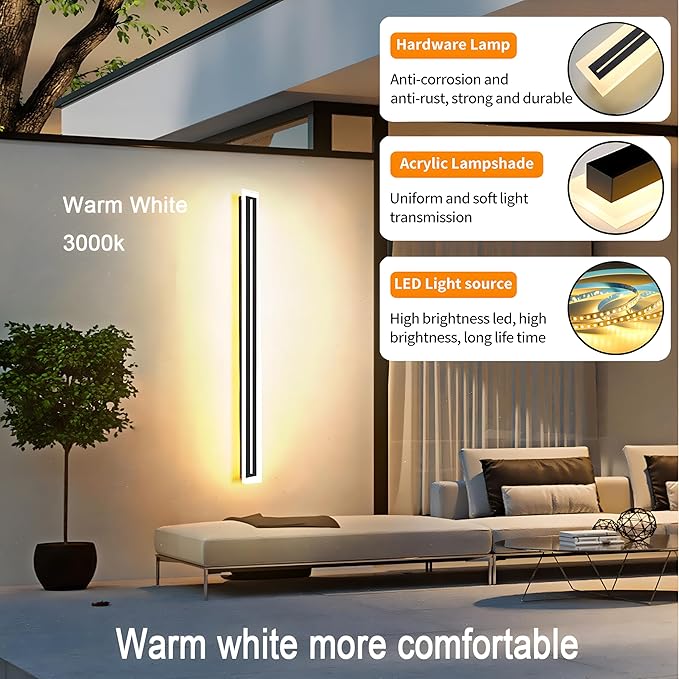 2 PACK-71inch Long Outdoor Modern LED Wall Light,Waterproof IP65 Warm White 110V led Wall Mount Lighting Fixture Rectangular Black Elegant Frosted White Acrylic Anti Rust.