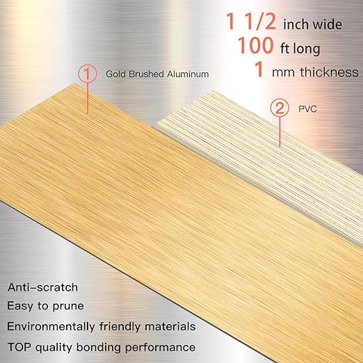 GSCIT Club Gold Edge Banding, 1 1/2 Inch x 100ft Aluminum Brushed Edge Banding PVC Edge Trim for Cabinet Repair Furniture