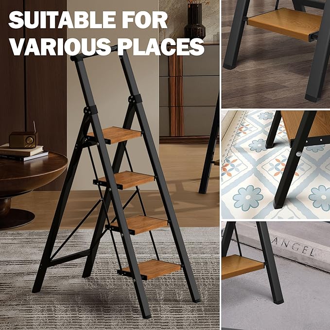 4 Step Ladder,Lightweight Folding Step Stool with Aluminum Wide Pedal& Convenient Handgrip,330lbs Capacity Steel Ladder for Household and Office(Black &Woodgrain)