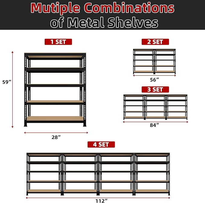 5-Shelf Heavy Duty Shelving - Adjustable Garage Storage Shelves, Metal Utility Storage Racks for Warehouse Pantry Basement Kitchen, Garage Organizers Shef Unit, Black, Packs of 3