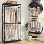 Homykic Bamboo Clothes Rack with Shelves and Double Hang Rods, Portable Closet System Garment Rack for Hanging Clothes, Tall Clothing Rack Corner Closet Organizer, Easy to Built, Freestanding, Black