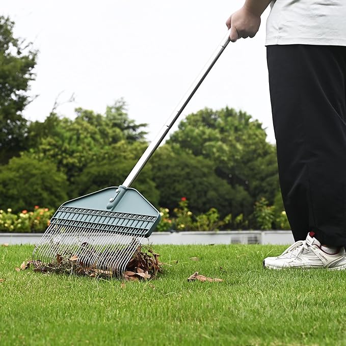 Thatch Rake & Leaves Rake 66-Inch Adjustable S/S Handle Heavy-Duty Design for Garden Lawns and Farms Ideal for Cleaning Up Dead Grass Fallen Leaves and Animal Bedding Dethatcher rake