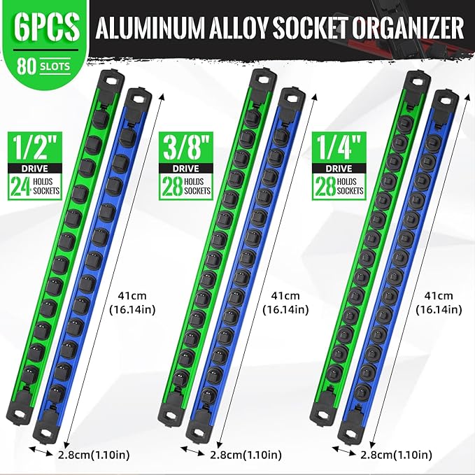 Magnetic Socket Organizer, 6-Piece Heavty Duty Aluminum Socket Holder, Socket Rail for Tool Box, Premium Quality 360° Swivel Socket Rack with 80 Clips for 1/2, 3/8, 1/4-Inch(Blue&Green)