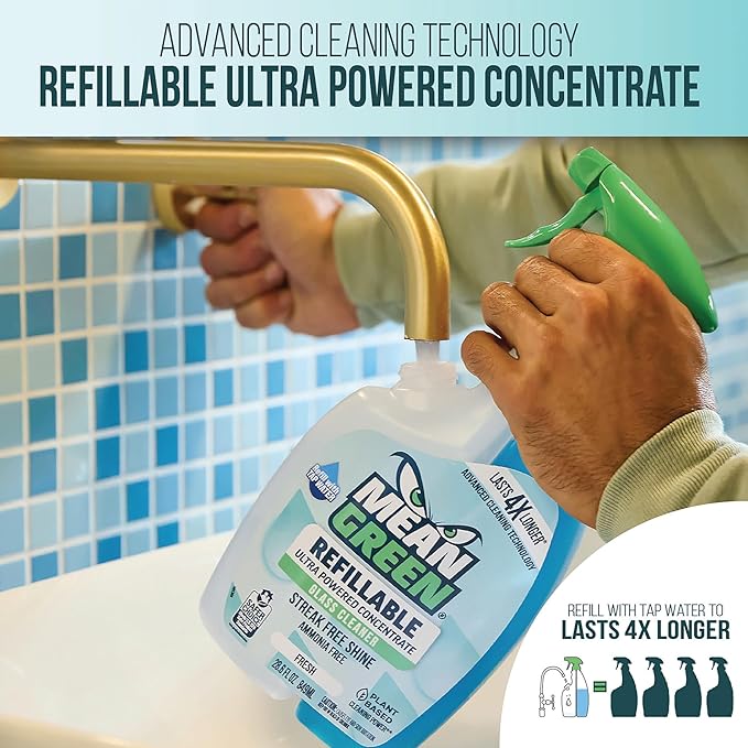 Mean Green Refillable Ultra Powered Glass Cleaner Concentrate, Fresh Scent, 14.3 fl oz (2-Pack) – Plant & Mineral Based, Streak-Free Shine, Refillable Bottle Makes 4X Refills