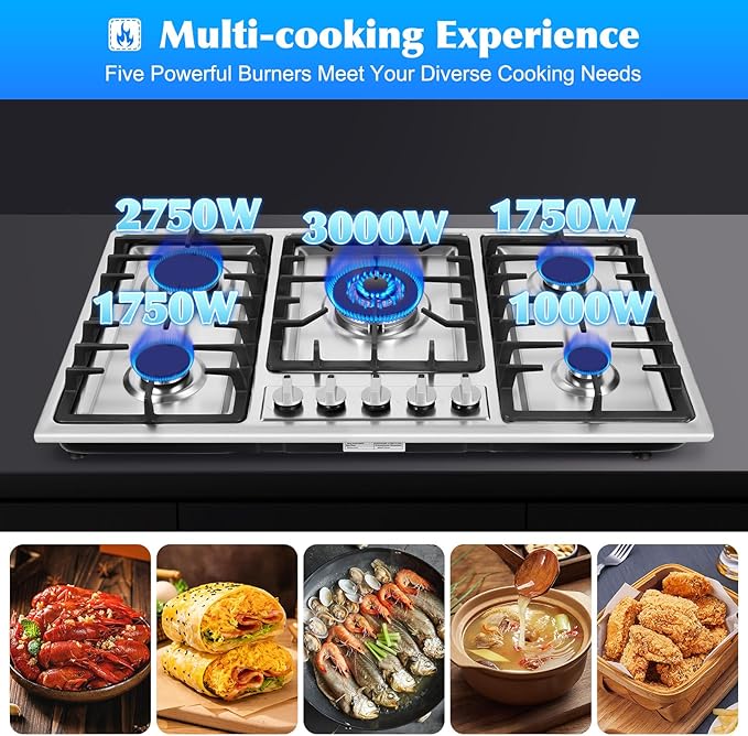 5 Burners Built in Gas Stovetop Cooker Gas Range Portable Stainless Steel Cooktop LPG/NG Dual Fuel Cast Iron Grate Gas Stove Kitchen Cooking Stove for Home RV Outdoor Apartment Silver(33.85x19.68Inch)