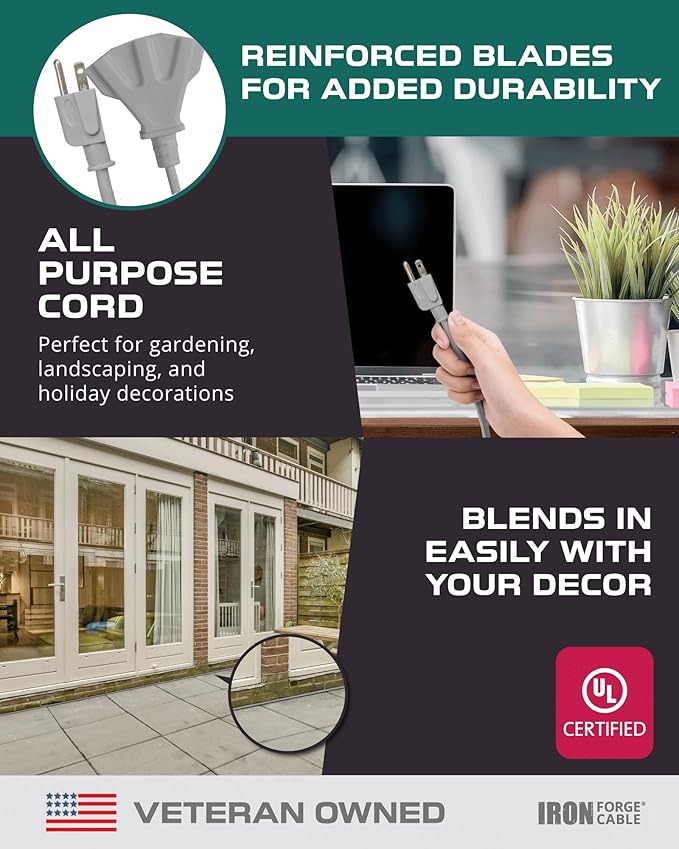 Iron Forge Cable 100 Ft Gray Outdoor Extension Cord with Multiple Outlets, 16/3 SJTW 100 Foot Grey Outdoor & Indoor Extension Cord with 3 Outlets, 3 Prong, Weatherproof 10 Amp Heavy Duty Power Cable