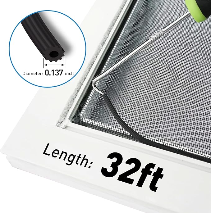 Window Screen Replacement Kit, 48"W × 99"L Durable Polyester Adjustable Screen Mesh with Retainer Spline (32ft) for DIY Project Window Screen Door Screen Replacement & Repair, Black