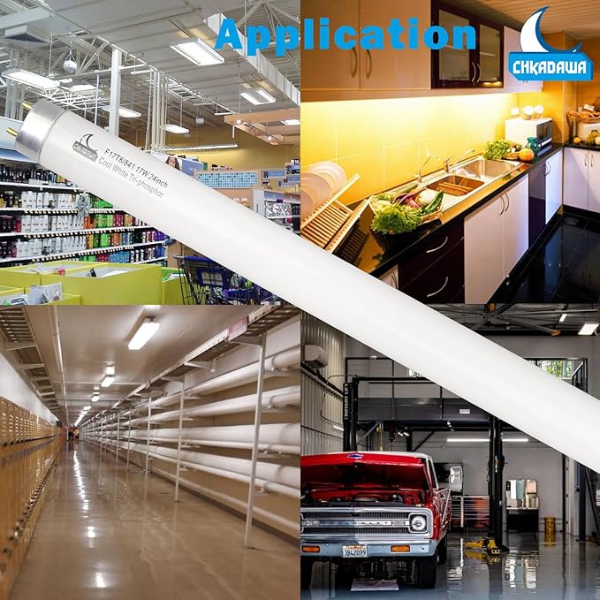 24 Inch Fluorescent Light Bulb F17T8/841 17 Watts, 2 Ft T8 17W Cool White 4100K Straight Linear Fluorescent Tube, G13 Medium Bi-Pin Base, 6 Pack